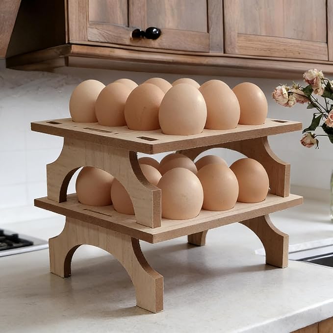 TAIANLE. Wooden Egg Holder Countertop Storage, Wooden Egg Stand Tray for Kitchen Stackable Double Layer Collecting Organizer, Farmhouse Rustic 2 Tier Gathering 24 Eggs Display Stand, 2 pcs