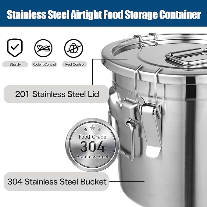 5.55Gal/21L Stainless Steel Airtight Canister, 304 Stainless Steel Food Storage Container, 710.4oz Large Metal Bucket with Lid and Lock Clips for Coffee Beans, Flour, Tea, Sugar, Cereals