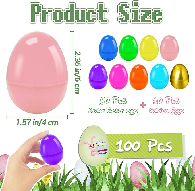 Bvrbaory 100 Pcs 2.4" Fillable Easter Eggs,Bulk Plastic Hinged Empty Eggs,Bright Colorful Easter Egg,Assorted Colors for Easter Egg Hunt,Basket Stuffers,Party Favors,Treasure Box,Classroom Prizes