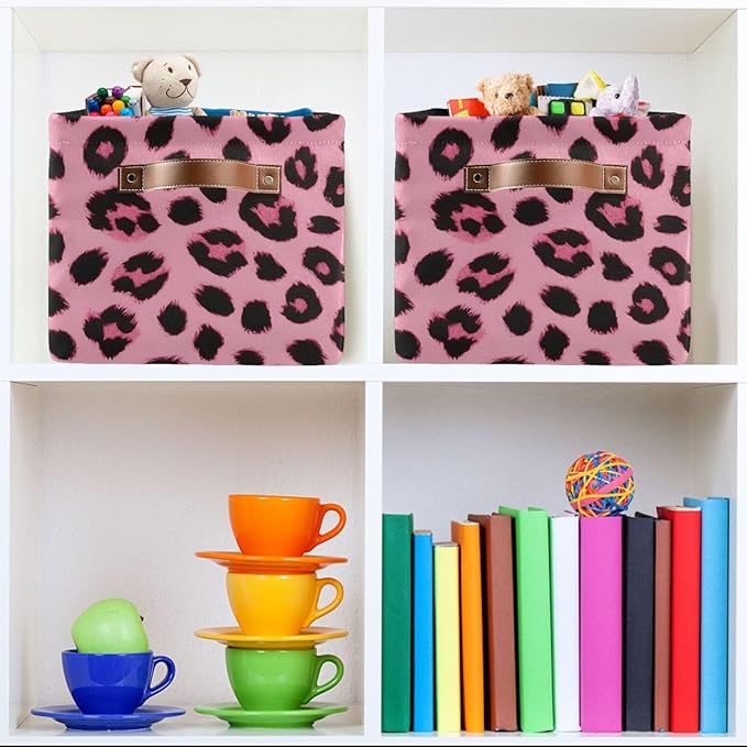 JIPONI Pink Leopard Print Fabric Storage Bins for Shelves, Decorative Storage baskets for organizing, Closet Organizer with Handle for Cloth, Toys, Bedrooms, Farmhouse