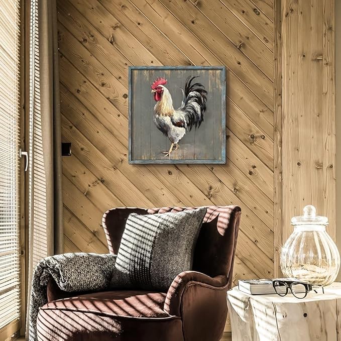 Rooster Wooden Wall Art Decor: Farm Cock Picture Country Animal Framed Artwork Rustic Farmhouse Chicken Painting for the Kitchen Living Room 20"x20"