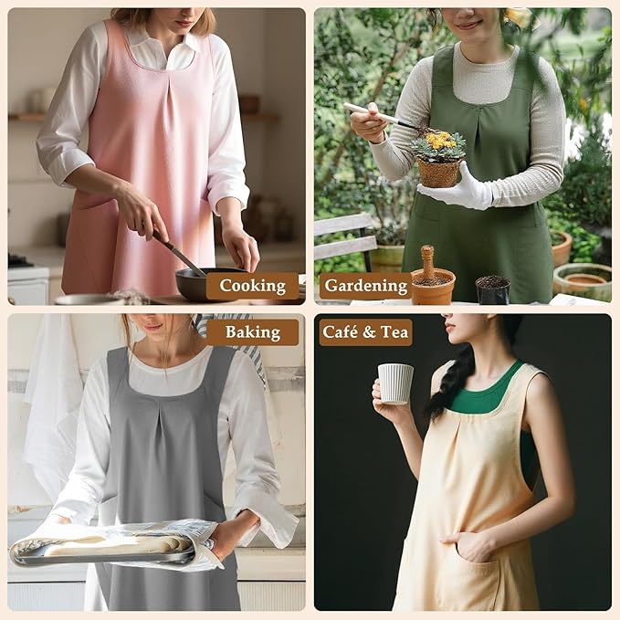 Apron for Women with Pocket Cotton Linen, Japanese Cross Back Apron for Gardening Painting