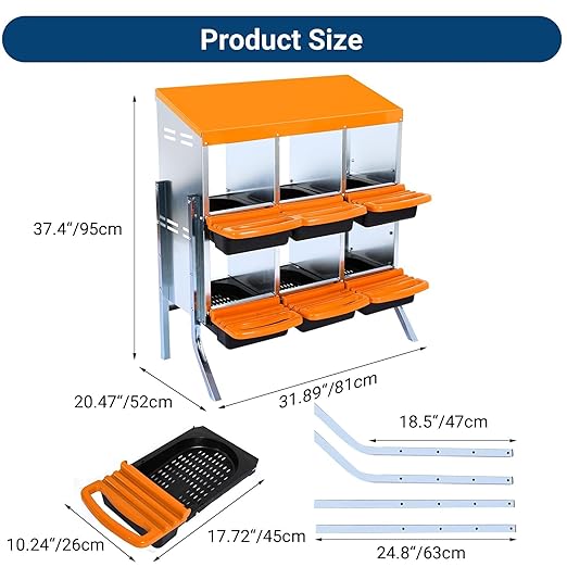 Chicken Nesting Boxes, 6 Hole Metal Chicken Laying Box with with Removable Trays and Roll Out Egg Collection for Chicken Coop, with Metal Bracket, Orange