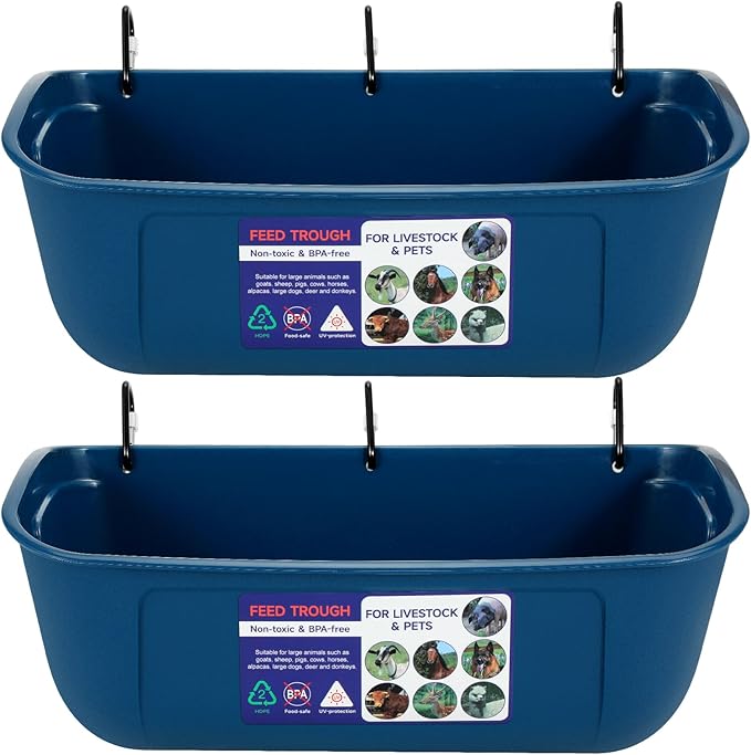 Goovilla Large Feed Trough, Hanging or Screw-in Fence Feeder with Clips, 2 Pack 9 Quart Goat Feeding Supplies, Dog Horse Hog Pig Livestock Poultry Plastic Feeder Trough Bucket for Large Animal, Blue