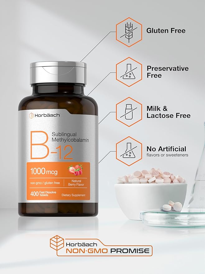 Horbaach Vitamin B12 1000 mcg Sublingual | 400 Fast Dissolve Tablets | Methylcobalamin Supplement for Women and Men | Berry Flavor | Vegan, Non-GMO, and Gluten Free