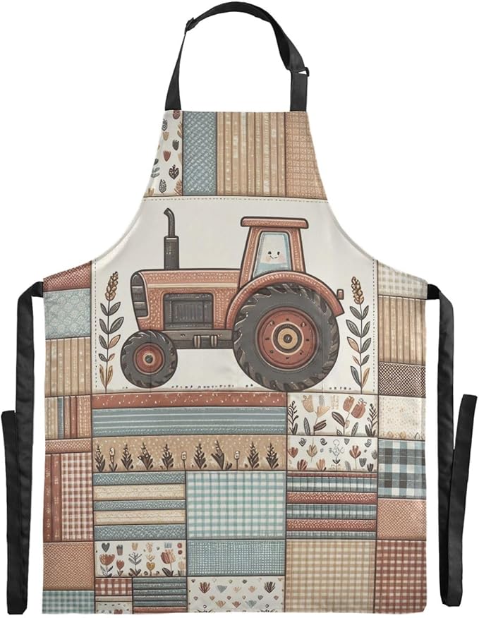 Vintage Checkered Farm Tractor Apron, Aprons for Women with Pockets - Adjustable Apron for Men Cooking Gardening Baking