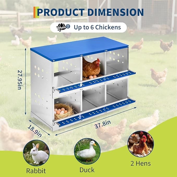 Heavy Duty Metal Chicken Nesting Box – 6 Compartments, Breathable Holes, Resting Platform, Rollaway Design, Wall Mounted/Floor, Rustproof, Easy Clean, Blue, 96×48×71cm, Without Cover