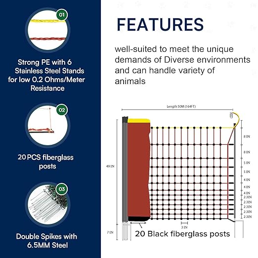 Premium Electric Fence Poultry Netting 49” x 164’ Pre-Assembled with 20 Posts, Portable, Waterproof, Semi-Rigid Electric Fence kit for Livestock Animals in Farms and Backyards