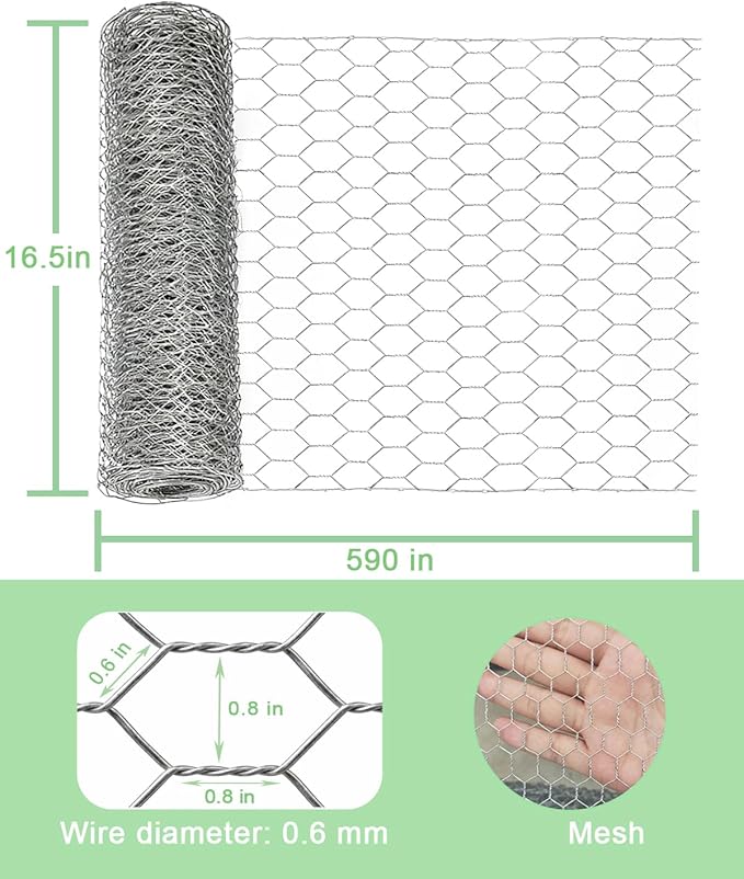 Galvanized Chicken Wire Mesh Roll 16.5" x 590", 0.8 Inch Hexagonal Poultry Netting Fence for Garden, Rabbits, Chicken Coop, Plant Protection & DIY Crafts