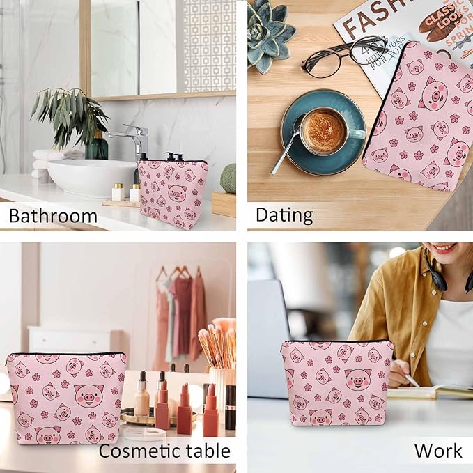 Women Cosmetic Bag Pig, Cute Piggy Pigs Pink Cute Makeup Bag For Purse Cosmetic Travel Bag For Toiletries Makeup Organizers Storage Bag Flax Skincare Bag Make Up Pouch Bags