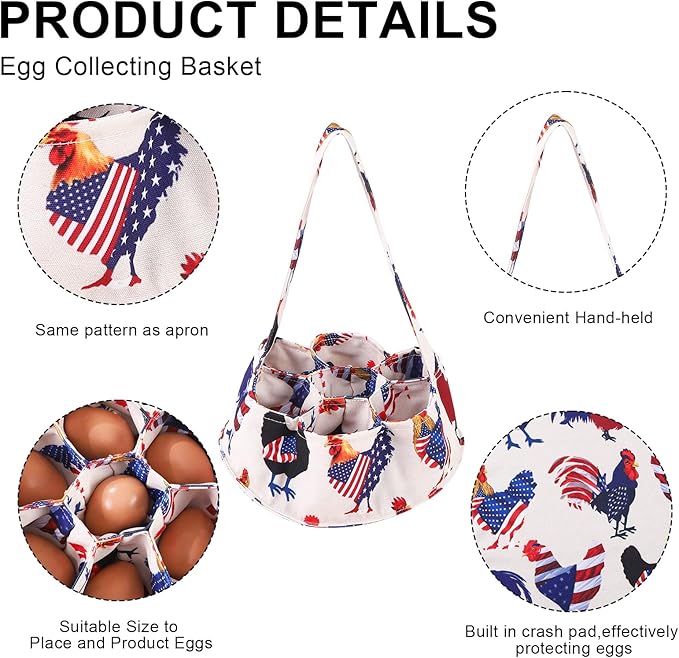 Egg Collecting Apron and Basket, 12 Pouches Chicken Egg Apron, 7 Pouches Chicken Eggs Basket, Collector Chicken Eggs