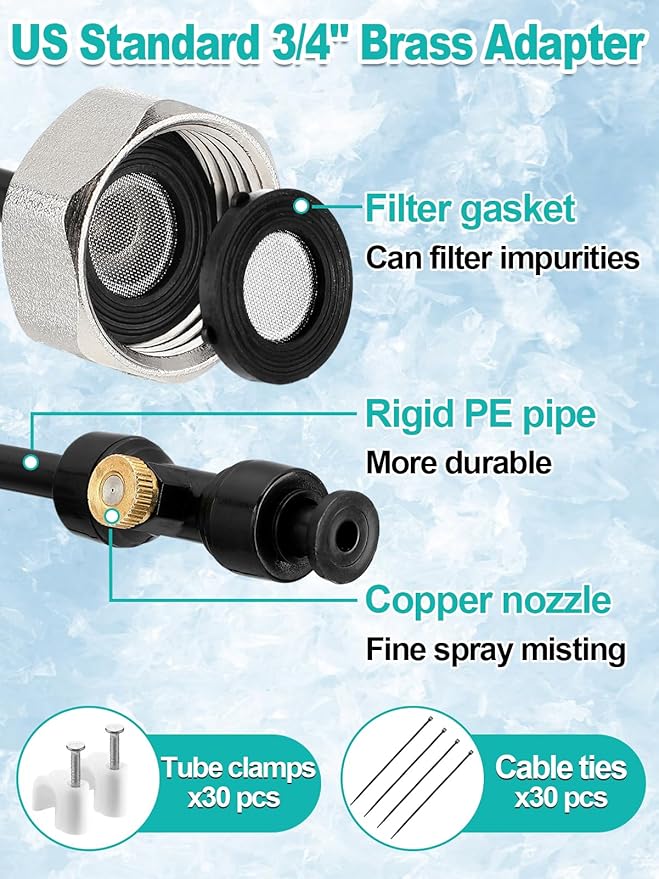 Pre-Assembled Chicken Coop Misting System for Cooling - Leak-Resistant Mist Hose Kit for Summer Poultry Heat Relief, Included 16.4ft Line, 3/4" Adapter, 4 Brass Nozzles, Filter Gasket Accessories
