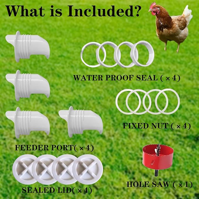 MAFONE DIY Chicken Feeder No Waste,Mess Cups Kit for Gravity Automatic Chickens Bucket Feeder Fit for Buckets, Barrels, Bins,Troughs,Rain Proof Poultry Feeder Port(4 White Ports,1 Hole Saw)