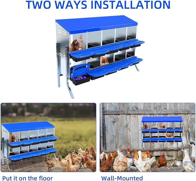[10-Pack] Chicken Nest Box for Hens - Galvanized Steel Wall-Mounted or Freestanding Chicken Nest with Ventilation Holes - Poultry Box with Legs for Egg Laying (Blue)