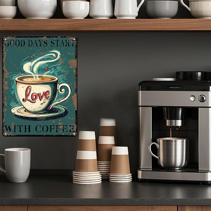Funny Coffee Metal Tin Signs Good Days Start With Coffee Vintage Wall Decoration Poster For Home Kitchen 12x16 Inch