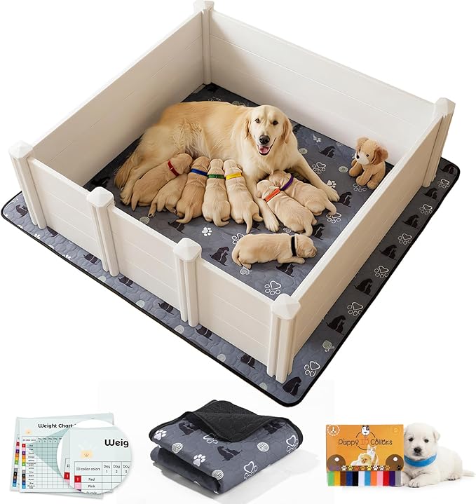 Whelping Box for Dogs, Whelping Box for Puppies with Pee Pad, Puppy Collars and Growth Record Sheets, Easy-Clean & Durable Puppy Playpen, Dog Welping Supplies, 48"x48"x18", White