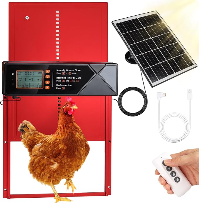 Automatic Chicken Coop Door Solar Powered, 4 Modes Automatic Chicken Door with Timer & Light Sensor, 7W Solar Charging Panel, Waterproof Aluminum Alloy Chicken Door with LED Screen (Red)