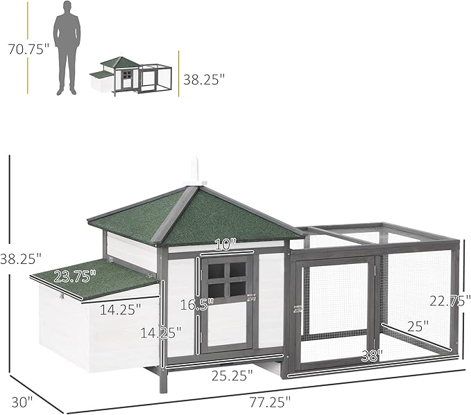 PawHut 77" Wooden Chicken Coop with Nesting Box, Cute Outdoor Hen House with Removable Tray, Ramp Run, for Garden Backyard, Gray