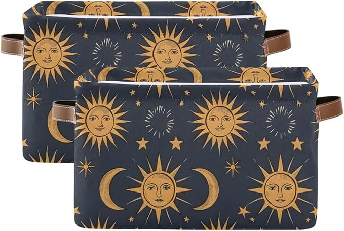 JIPONI Astrology Suns Moon Fabric Storage Bins for Shelves, Decorative Storage baskets for organizing, Closet Organizer with Handle for Cloth, Toys, Bedrooms, Farmhouse
