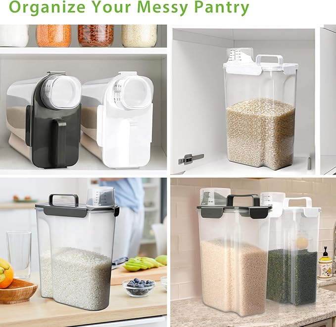 Rice Storage Container, 10 to 20lb Dry Food Airtight Dispenser, Pet Dog Cat Food Canister, BPA Free Clear Plastic Kitchen and Pantry Bin for Oatmeal, Cereal, Pasta, Flour Pack of 2 Grey