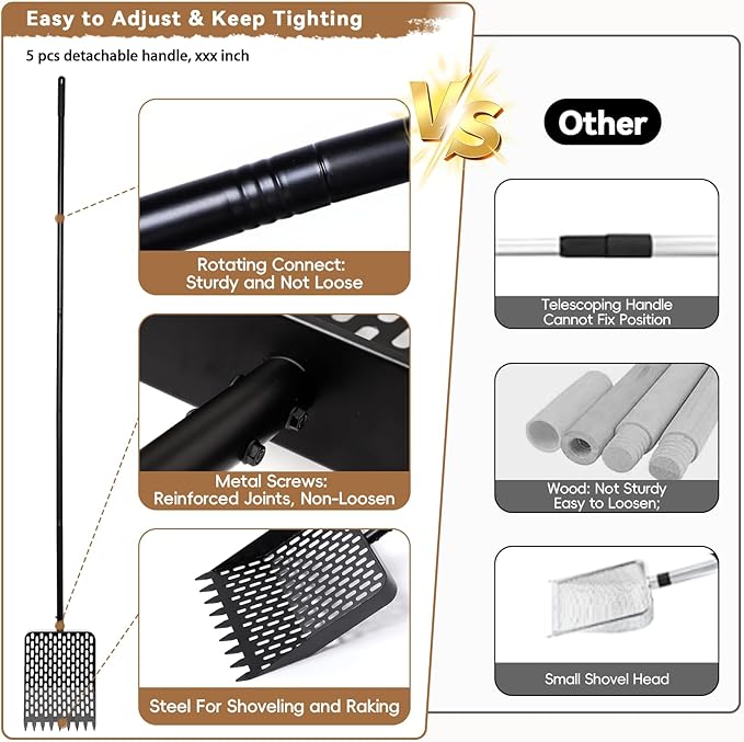 Large Chicken Poop Scooper & Rake 2-in-1, Heavy Duty Metal Pooper Scooper with 43" to 90" Adjustable Stainless Steel Handle, Sand Sifting Shovel for Chicken Coops & Farm Animals Little Scoop