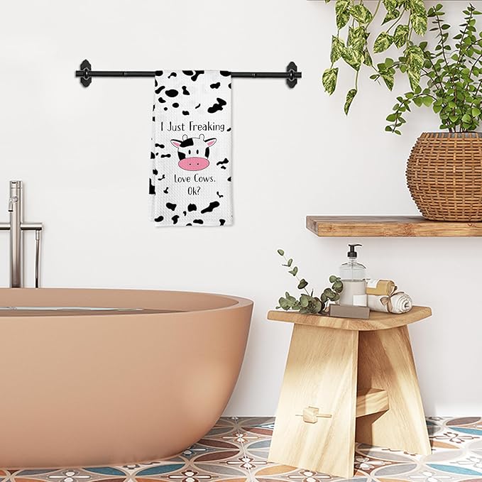 Funny Cute Cow Gifts Kitchen Towel and Dish Towel, I Just Freaking Love Cows Ok Hand Towels, Cute Cows Decorative Hand Dish Tea Towels for Nursery Bathroom Kitchen,Gifts for Cow Lovers 16x24