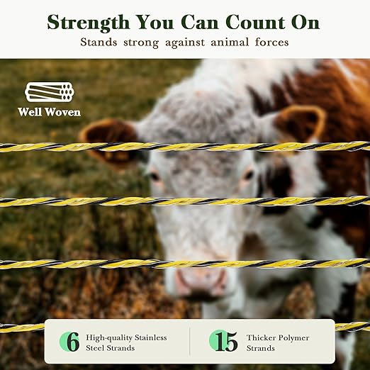 Electric Fence Wire, 3500ft 1067m, Polywire for Portable Livestock Fencing, 6 Stainless Steel Strands for Reliable Conductivity and Rust Resistance, UV Resistant