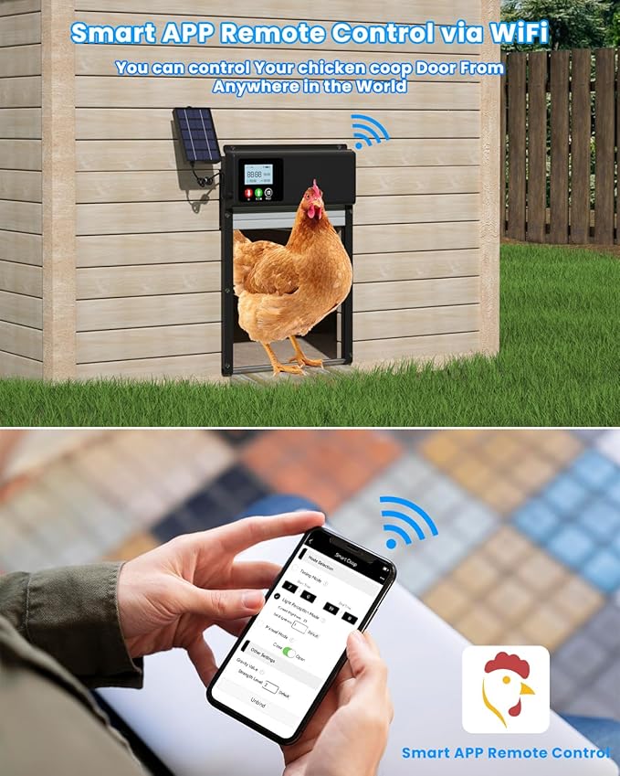 2026 New WiFi Chicken Coop Door Solar Powered with APP Control, Automatic Chicken Coop Door Timer & Light Sensor, Auto Chicken Coop Door Opener, Solar Chicken Coop Door Anti-Pinch Design LCD Display