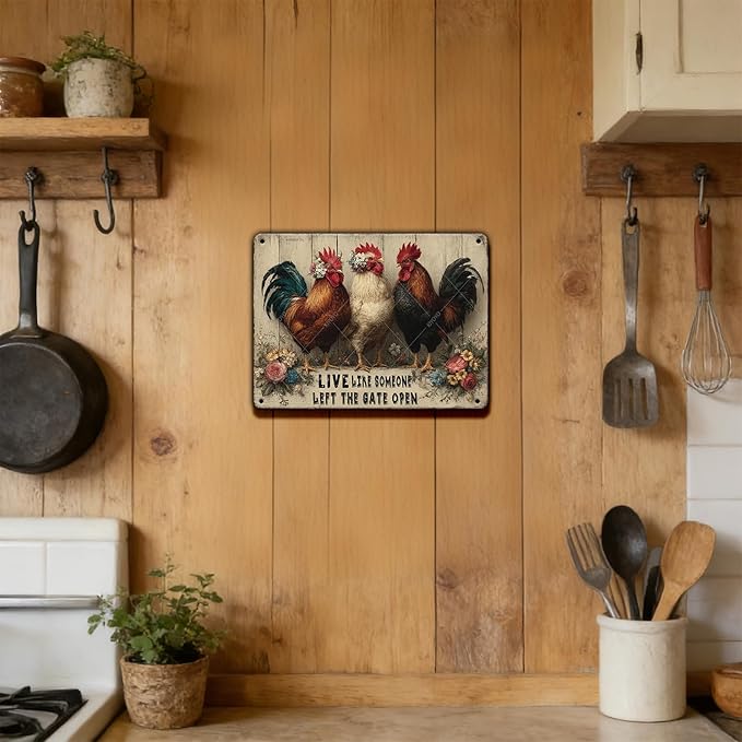 Funny Farmhourse Chicken Coop Metal Tin Signs Vintage Chicken Decor Sign Live Like Someone Left The Gate Open Poster for Home Kitchen Garden Restaurant Rooster Outdoor Wall Art Decor 12x8 Inch