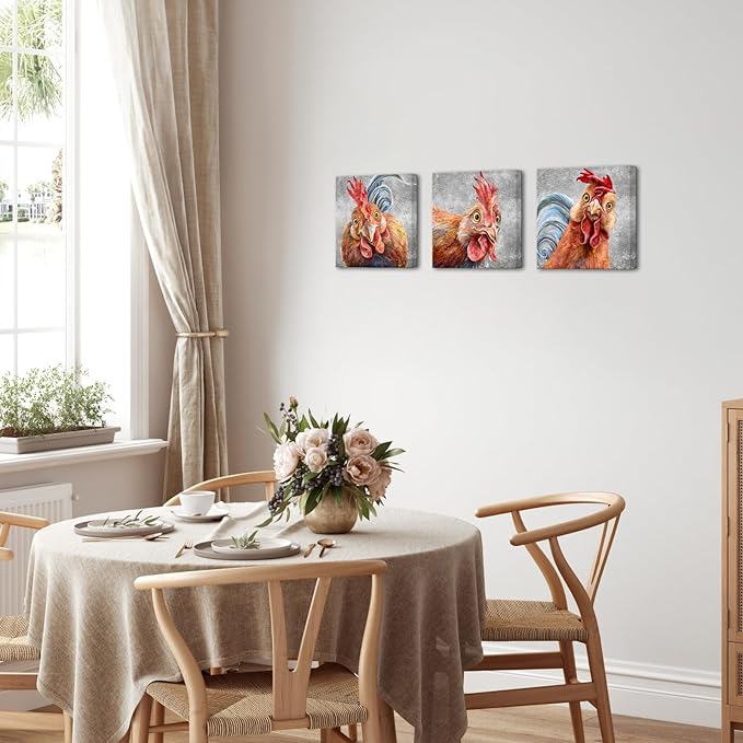 Apicoture Chicken Wall Art Farm Animal Chicken Pictures Kitchen Wall Decor Rooster Wall Art Canvas Prints Framed For Kitchen Dinning Room Living Room Decorations 12"x12"x3 Panels (Gray)