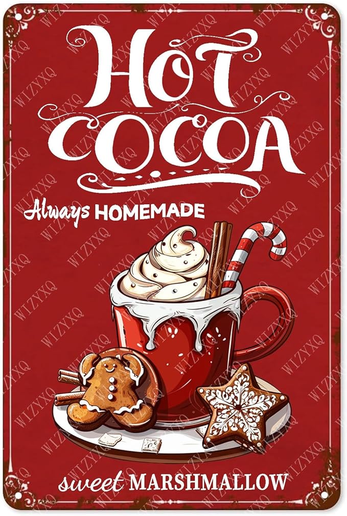 Tin Sign Hot Cocoa Always Homemade Sweet Marshmallow Metal Signs Vintage Christmas Aluminum Sign For Living Room Bar Bedroom Yard Garden Bathroom Decor 12×8 Inch