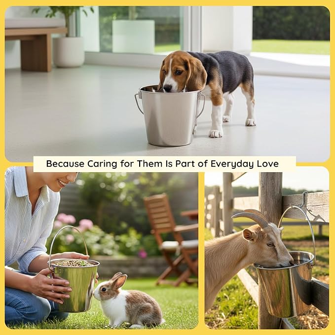 4 quart Heavy Duty Stainless Steel Round Bucket with Handle | 1 gal Durable Food & Water Bowl for Birds Dogs Cats Goat & Livestock | Fits kennel Crate Cage Farm | Hanging Utility Pet Pail