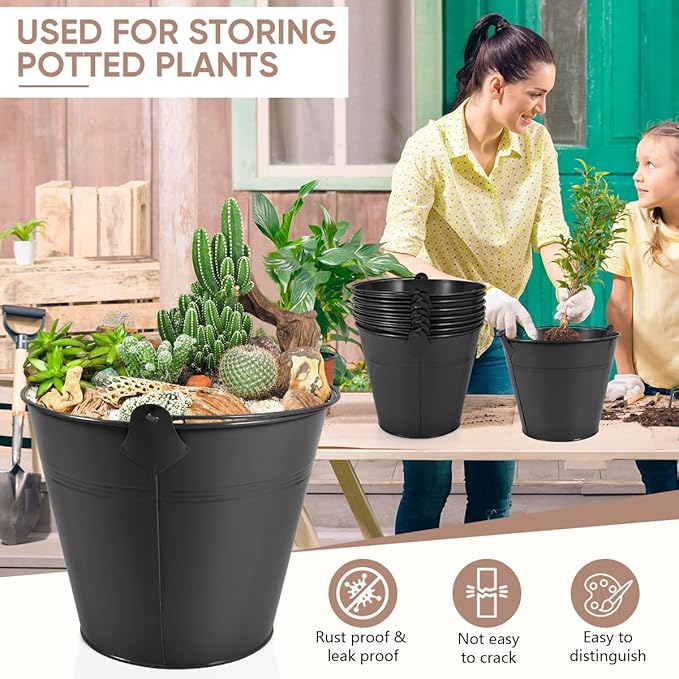 OBTANIM 7 Pack Black Metal Buckets with Handle Galvanized Ice Pails for Plants, Succulents, Party Favors Organizing, Rustic Home Decor or Classrooms Pencil Storage (9.1 x 6.7 inch)