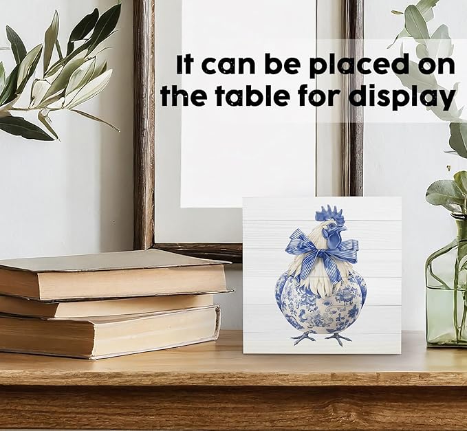 Blue and White Chinoiserie Chicken Wooden Signs, Grand Millenial Bow Blue Floral Home Decor Signs, Chinoiserie Porcelain Desk Decorations, Farmhouse Chicken Animal Kitchen Bathroom Decor