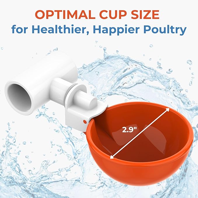 Lil'Clucker Large Automatic Chicken Waterer Cups with 1/2" PVC Tee Fittings - Chicken Water Cups, Chicken Water Feeder, for Chicks, Duck, Goose, Turkey - Poultry Waterer Feeder Kit (Orange, 8-Pack)