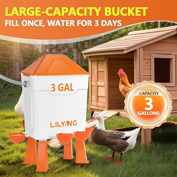 Lilyang Automatic Chicken Waterer 3 Gallon | Float-Control Auto Waterer, Hanging/Standing Design, Connect to 3/4'' Faucet & Hose, Effortless Hydration Solution for Backyard Coop & Small Farm