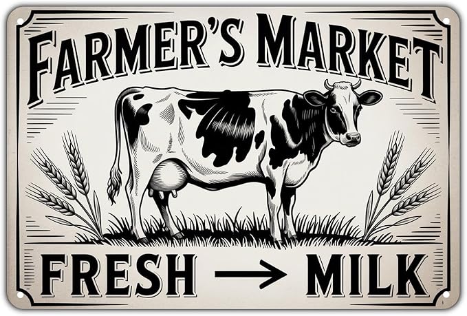 Farmer's Market tin sign, Vintage Farm Fresh Milk Cow Metal Sign print Aesthetic Room Decoration for Home Bedroom Kitchen Bar Coffee Bathroom Indoor Outdoor Wall Decor, 8 X 12 IN