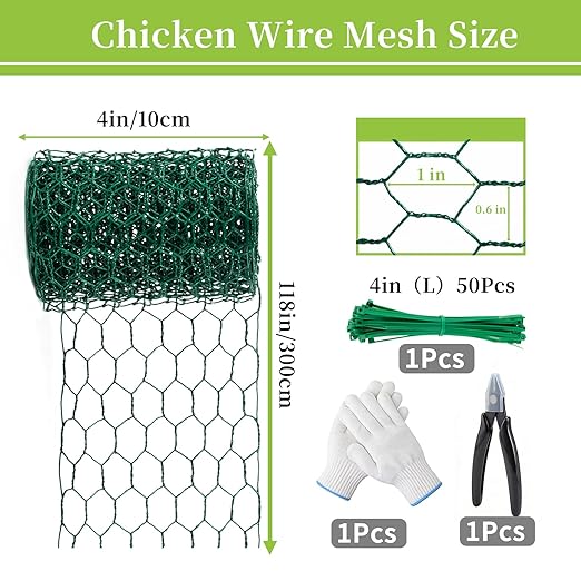 Floral Chicken Wire for Floral Arrangements for Reinforce Chicken Wire Fencing 4 x 118 Inch Hexagonal Galvanized Mesh Fence Includes Gloves Ties & Cutter