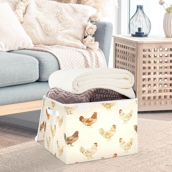 Farmhouse Chickens Fabric Storage Bin with Lid, Collapsible Basket with Handles, Shelf Cube Closet Organizer for Home and Bedroom