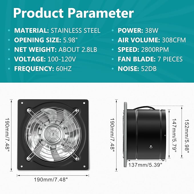 HG Power 6 Inch Exhaust Fan with Switch, Powerful Kitchen Exhaust Fan with Damper, Potable Window Exhaust Fans, Small Fume Extractor Ventilation Fan for Attic, Shop, Smoking Room, Garage