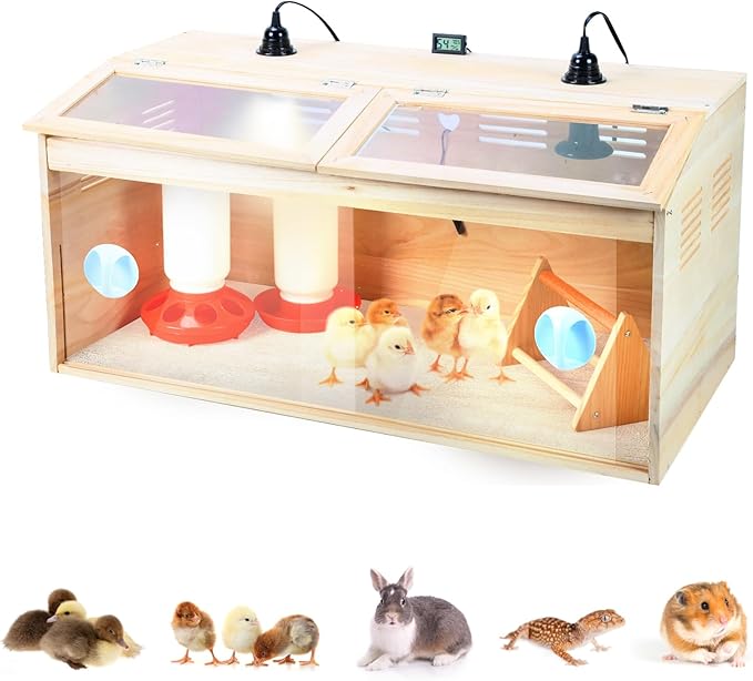 Chick Brooder Box Chick Starter Kit,Large Wooden Brooder Box for Chicks with Waterer Feeder Perch Thermometer and Heat Lamp Set,Baby Chicken Supplies for Duck Quail Hamsters and Lizards