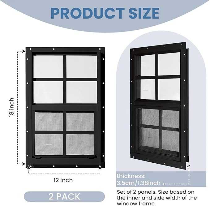 COLORPAPA 2 Pack Shed Windows,12" x 18" Flush Mount Small Window,Sliding Windows with Tempered Glass and Fiberglass Screen Shed, Chicken Coop, Playhouse, Household, Garage, Barns (Black)