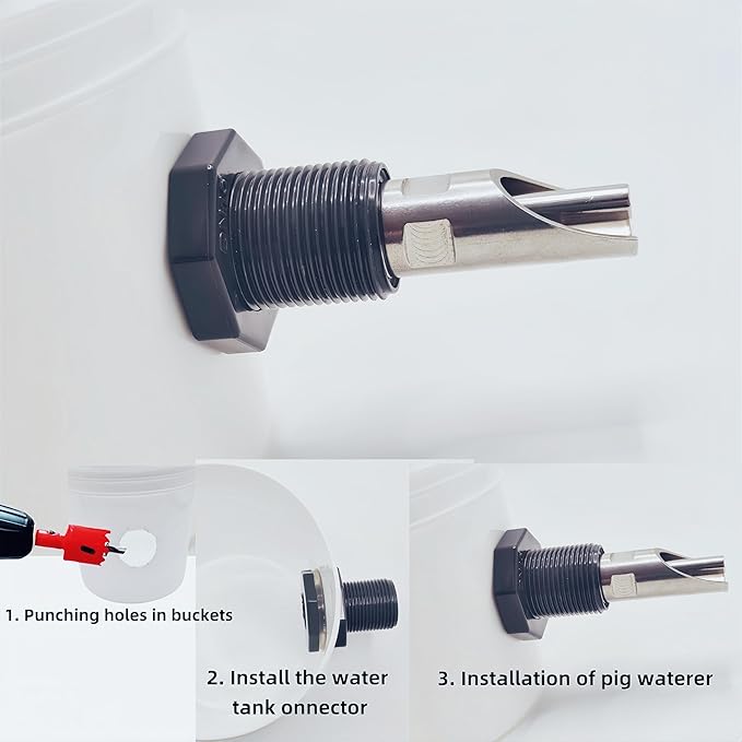 5 Pcs Automatic Pig Nipple Waterer for Barrel Kit, Stainless Steel Pig Waterer Nipples with Filter and Water Tank Connector for Livestock Hog Piglets Drinking