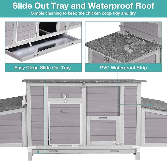 Chicken Coop, Outdoor Hen House Poultry Cage with Nesting Box, Leakproof Pull Out Tray and UV-Resistant Roof (67" L x 25" W x 28" H)