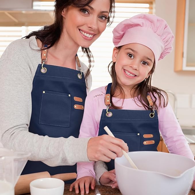 Unisex Aprons with Large Pockets,Cotton Canvas Cross Back Heavy Duty Adjustable Work Apron,Size Kids to Adult