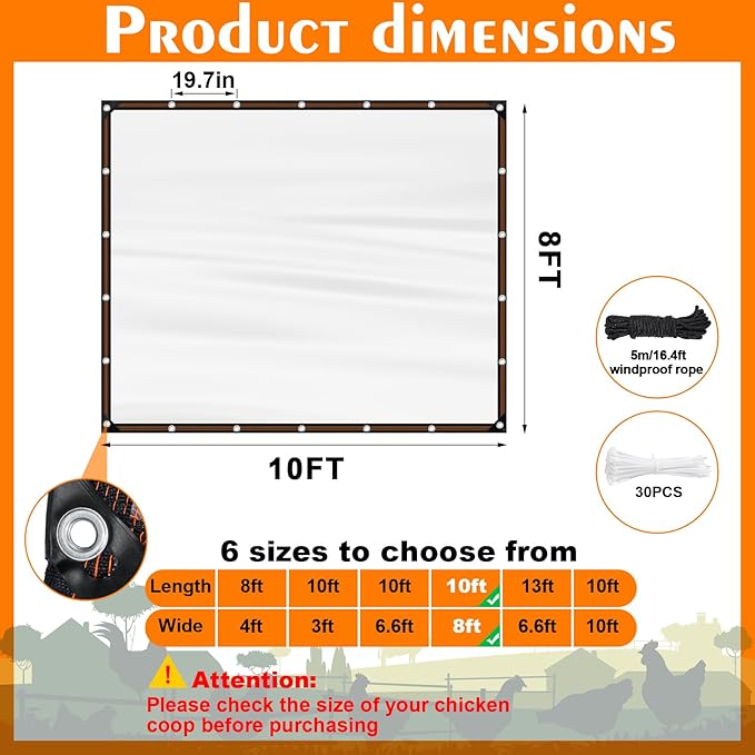 NNG 8 x 10ft Waterproof Chicken Coop Cover for Winter,Anti-Tear Chicken Run Tarp with Rope & Cable Tie,Chicken Coop Insulation Windproof Winterizing Cover for Poultry Cage Patio Covering