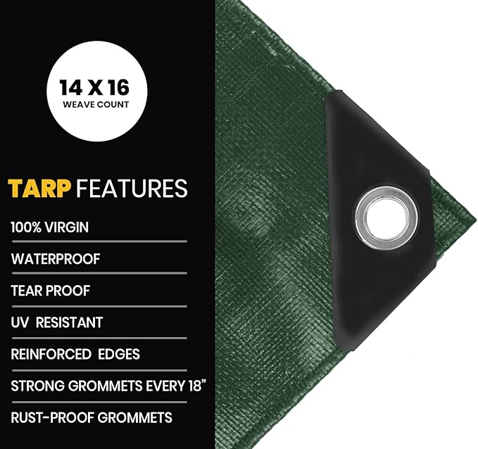 PROTARP Extra Heavy Duty 16 Mil Tarp Cover, Waterproof, UV Resistant, Rip and Tear Proof, Poly Tarpaulin with Reinforced Edges for Roof, Camping, Patio, Pool, Boat. (Green/Black 30′ X 40′)