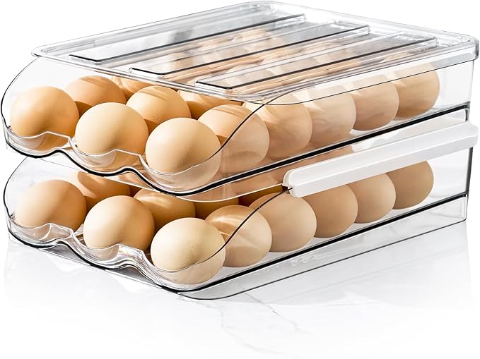 Egg Holder for Fridge, Rolling Egg Holder for Refrigerator, Egg Organizer for Refrigerator Clear Plastic Egg Dispenser with Removable Lid and Tray (2 Layer Holds 36 Eggs)