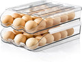 Egg Holder for Fridge, Rolling Egg Holder for Refrigerator, Egg Organizer for Refrigerator Clear Plastic Egg Dispenser with Removable Lid and Tray (2 Layer Holds 36 Eggs)
