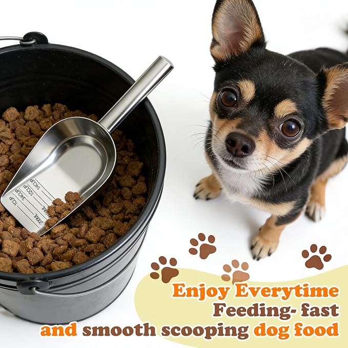 Mity rain Dog Food Scoop Stainless Steel with Long Handle, Precise Dog Food Measuring Cup 1, 3/4, 1/2, 1/4 Cup, Pet Scoop for Dogs, Cats, Rabbits, Animals, Metal Spoon for Dog Food Storage